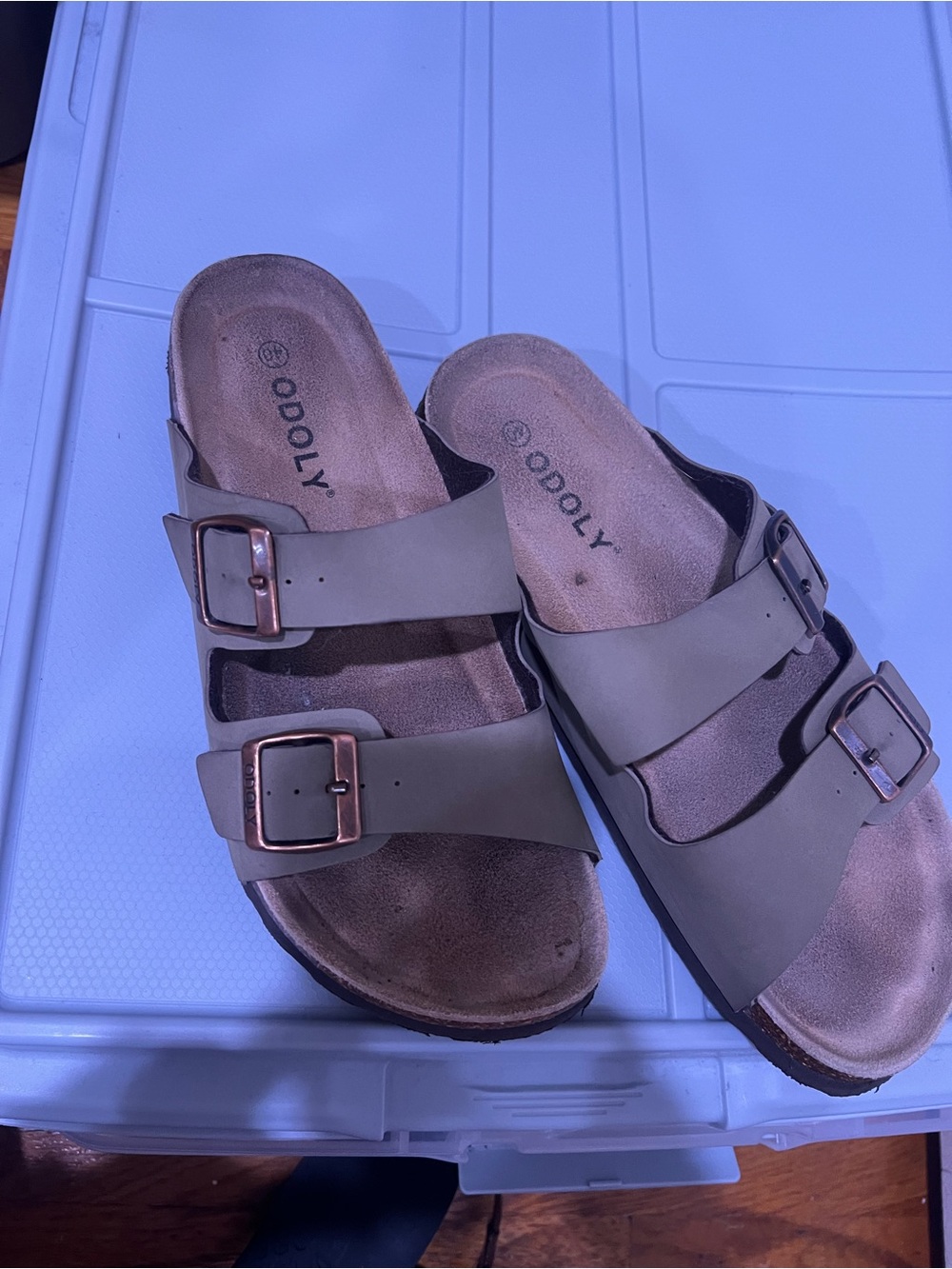 Women's Double Buckle Slide Sandals in Taupe